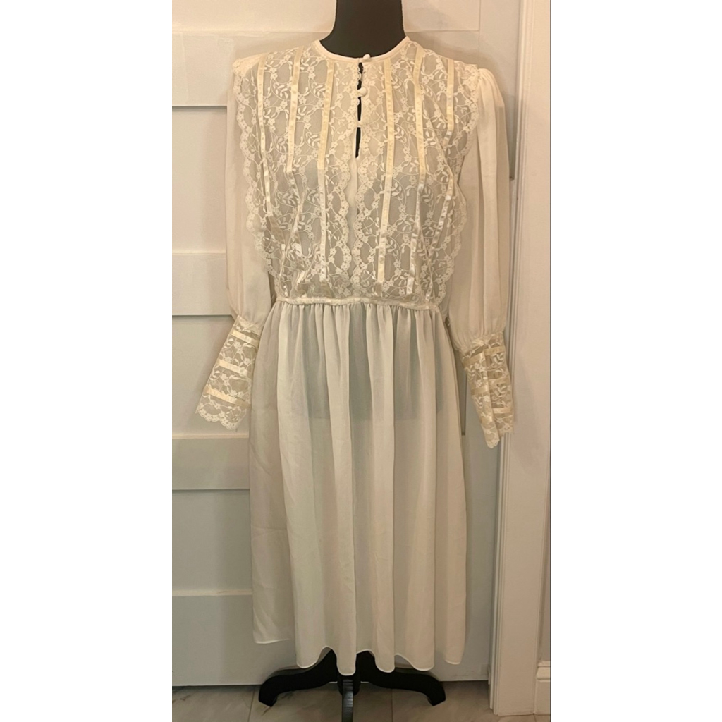 Vintage 1970s Sheer White Prairie Dress Lace Overlay Emerald St California S M